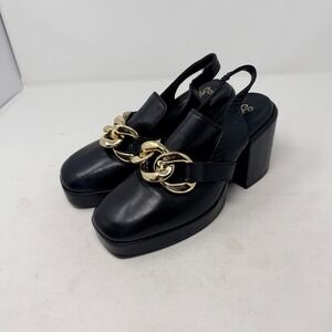 Seychelles Black Leather Gold Chain Platform Slingback Block Heel Pumps Size 8
